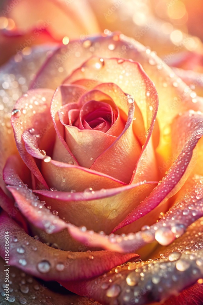 macro shot of a rose with soft pink and orange petals adorned with sparkling dewdrops, ideal for mobile wallpaper background