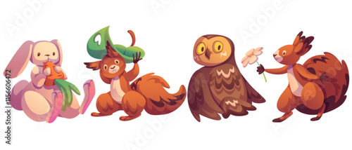 Forest animal characters set. Cute creatures with plants - bunny eating carrot, playful squirrel holding leaf overhead and presenting flower, wise brown owl. Woodland children book or game design.