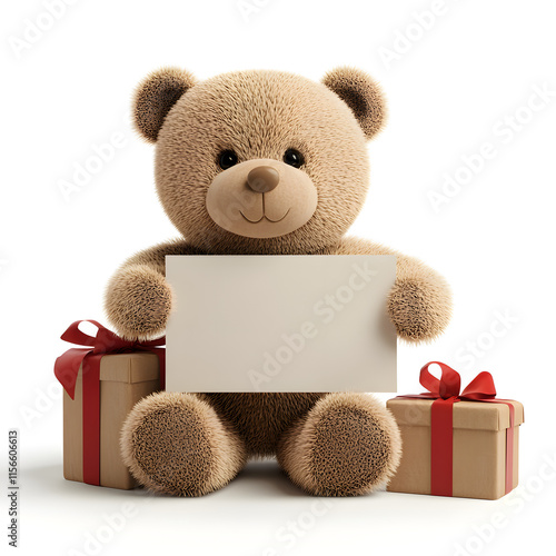 Adorable teddy bear holding a blank sign with gift boxes wrapped in red ribbons, perfect for festive greetings, celebrations, or personalized messages in a heartwarming scene photo