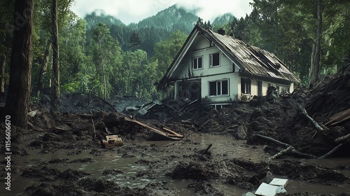 A House Buried in Mudslide Debris, Trees Surrounding the Somber Scene

 photo