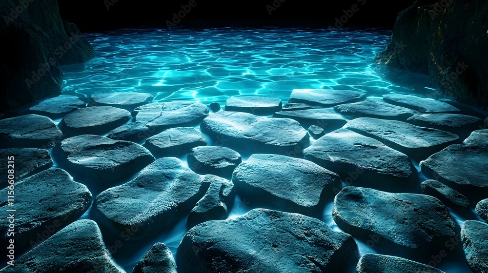 Obraz premium Tranquil Blue Water Surface with Stone Path and Gentle Lighting