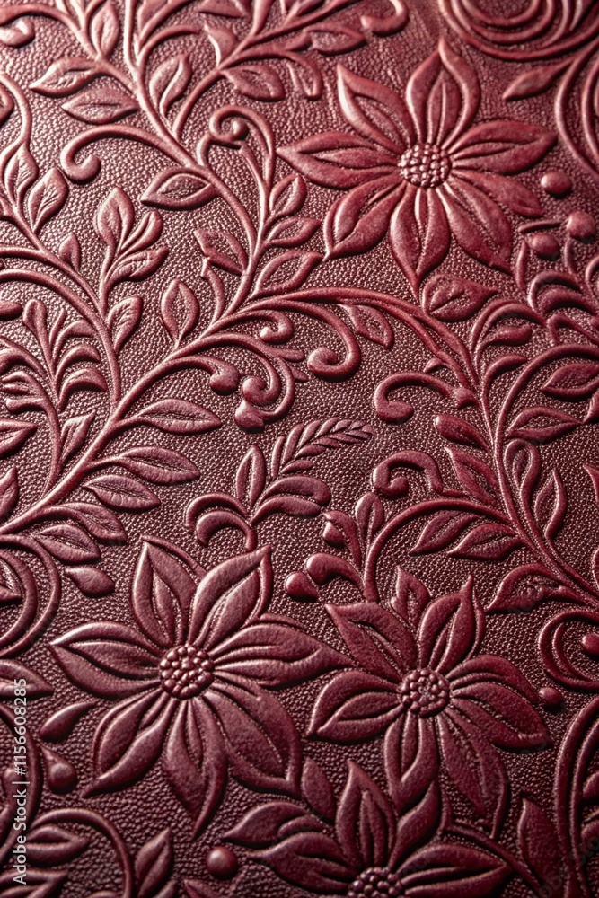Luxurious textured burgundy leather with embossed floral motifs, featuring delicate leaf swirls and intricate floral detailing, Mobile Wallpaper Background Luxurious textured burgundy leather with embossed floral motifs, featuring delicate leaf swirls and intricate floral detailing, Mobile Wallpaper Background