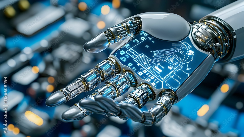 Futuristic Robot Hand Holding Circuit Board Design on Technology Background Futuristic Robot Hand Holding Circuit Board Design on Technology Background