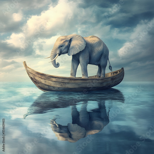 elephant standing on a wooden boat in calm waters under a cloudy sky, reflecting tranquility, strength, and imagination in a breathtaking and artistic dreamlike scen photo