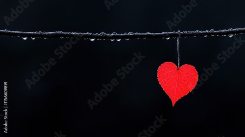 Autumn Heartbreak: Red Leaf in the Shape of Heart Hanging on Branch, Depicting a Sad Love Mood