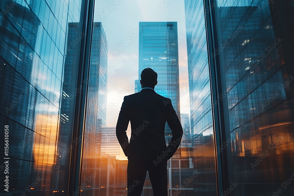 Fototapeta premium Businessman looking at cityscape. Success, ambition, future concept.
