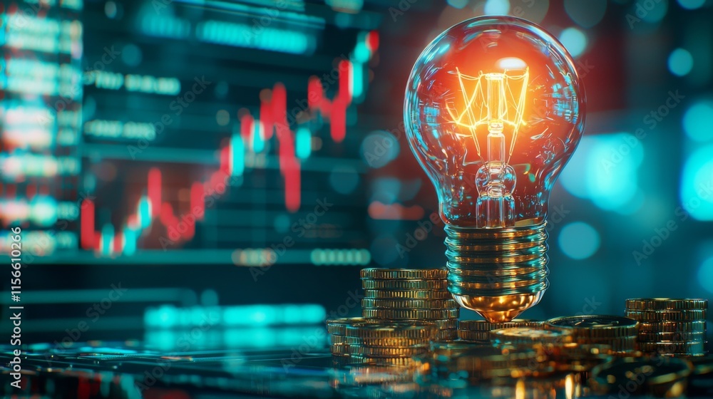 Investment insights lightbulb concept over coins financial market analysis digital environment futuristic view Investment insights lightbulb concept over coins financial market analysis digital environment futuristic view