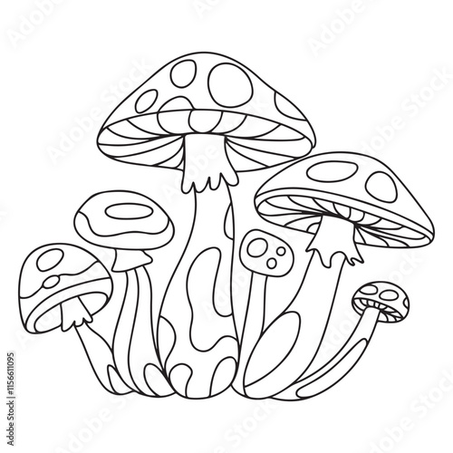 Coloring page. Cartoon cute mushroom illustration. Childish design for kids activity colouring book. Vector colorless picture. Freehand sketch