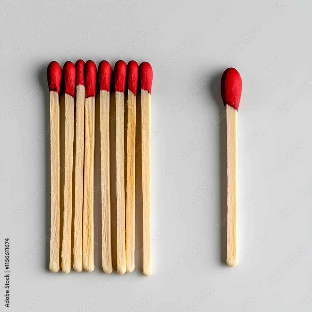 Single Matchstick Aligned with Group of Matches on Gray Background Single Matchstick Aligned with Group of Matches on Gray Background