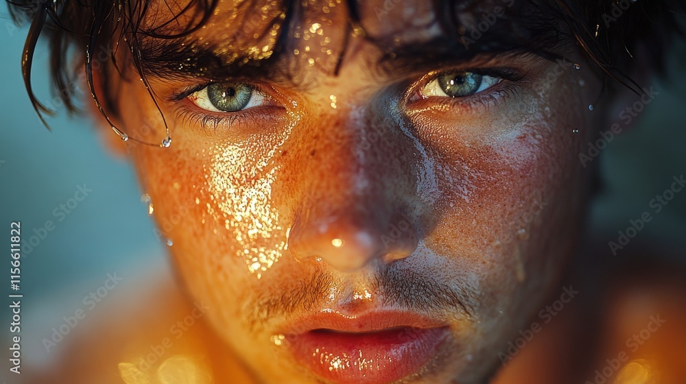 Close-up portrait of a young man with sweat on his face, intense gaze. Close-up portrait of a young man with sweat on his face, intense gaze.