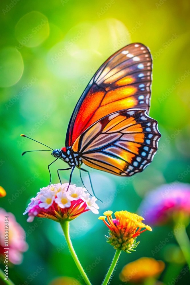 macro shot of a colorful butterfly perched on a blooming flower with a softfocus green and floral background mobile wallpaper background macro shot of a colorful butterfly perched on a blooming flower with a softfocus green and floral background mobile wallpaper background