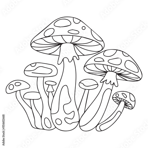 Coloring page. Cartoon cute mushroom illustration. Childish design for kids activity colouring book. Vector colorless picture. Freehand sketch