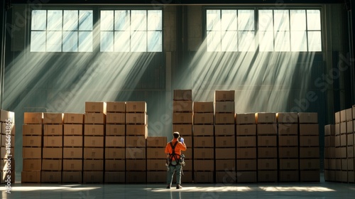 Warehouse worker organizing boxes industrial facility photography bright environment ground level logistics efficiency