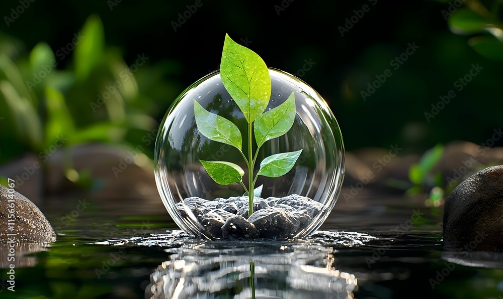 Green Plant Growth Inside Transparent Bubble on Calm Water Surface Green Plant Growth Inside Transparent Bubble on Calm Water Surface