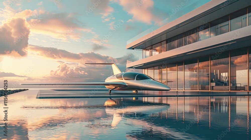 Fototapeta premium Luxury private jet on modern mansion pool deck at sunset.