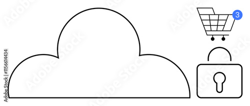 Cloud shape outlines storage concept while a padlock signifies security. Shopping cart with notification indicates three items. Ideal for data security, e-commerce, digital storage, online shopping
