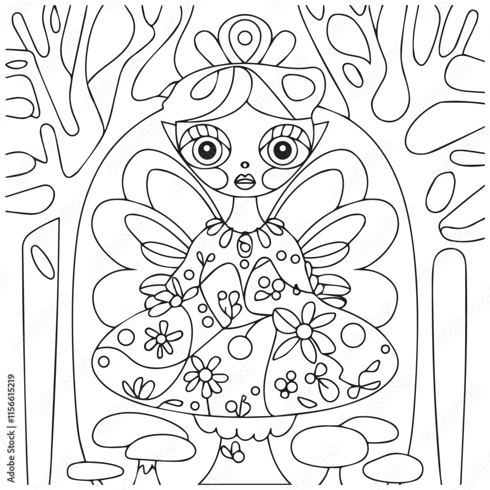 Fototapeta premium Cute kawaii fairy holding flowers outline coloring page for kids
