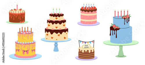 Colorful assortment of decorated cakes on display for a celebration