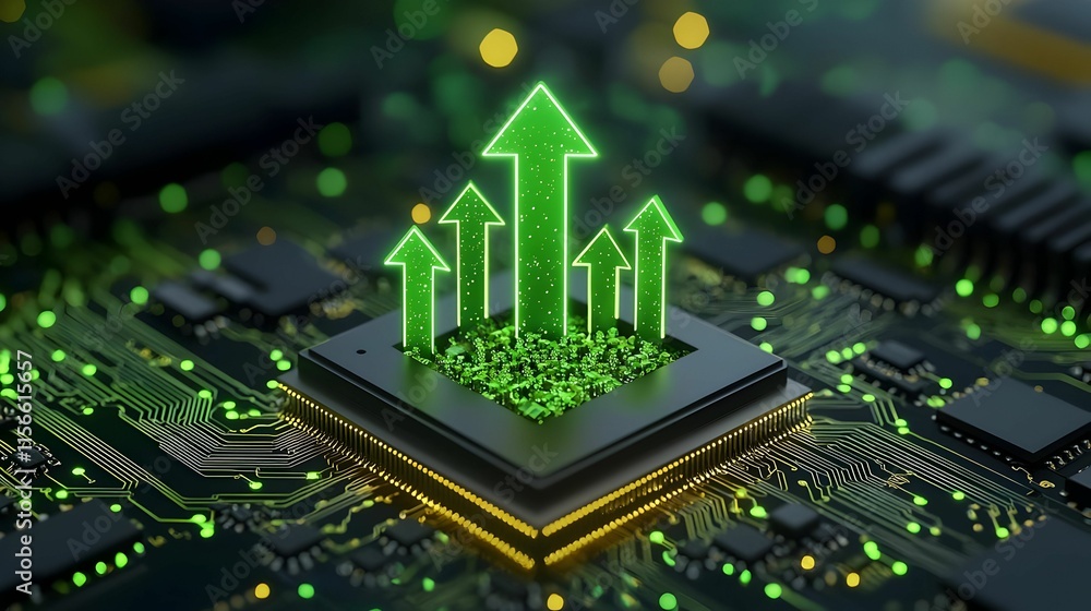 Green Upward Arrows on Circuit Board Representing Growth and Innovation Green Upward Arrows on Circuit Board Representing Growth and Innovation
