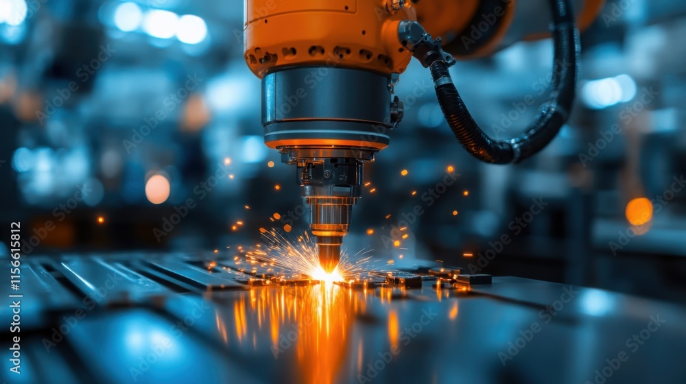 This dynamic moment showcases an industrial robot engaged in welding operations, generating bright sparks amidst a well-lit workspace filled with machinery. This dynamic moment showcases an industrial robot engaged in welding operations, generating bright sparks amidst a well-lit workspace filled with machinery.