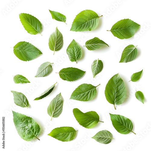 Green leaves isolated on white background with clipping path. Top view.