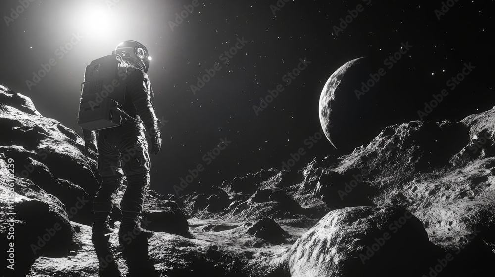 Obraz premium Astronaut on a desolate lunar landscape, gazing at a crescent planet.
