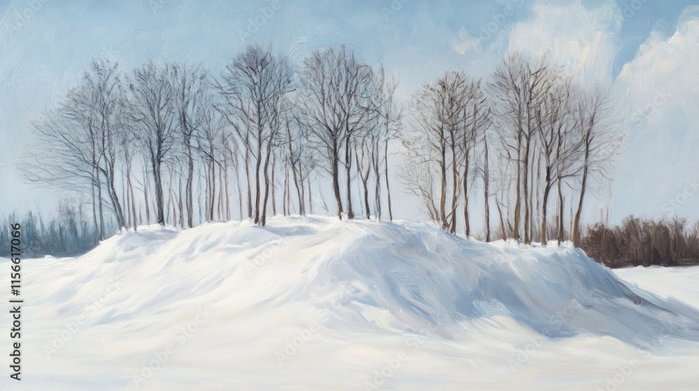 Snowy landscape with bare trees on a hill. Snowy landscape with bare trees on a hill.