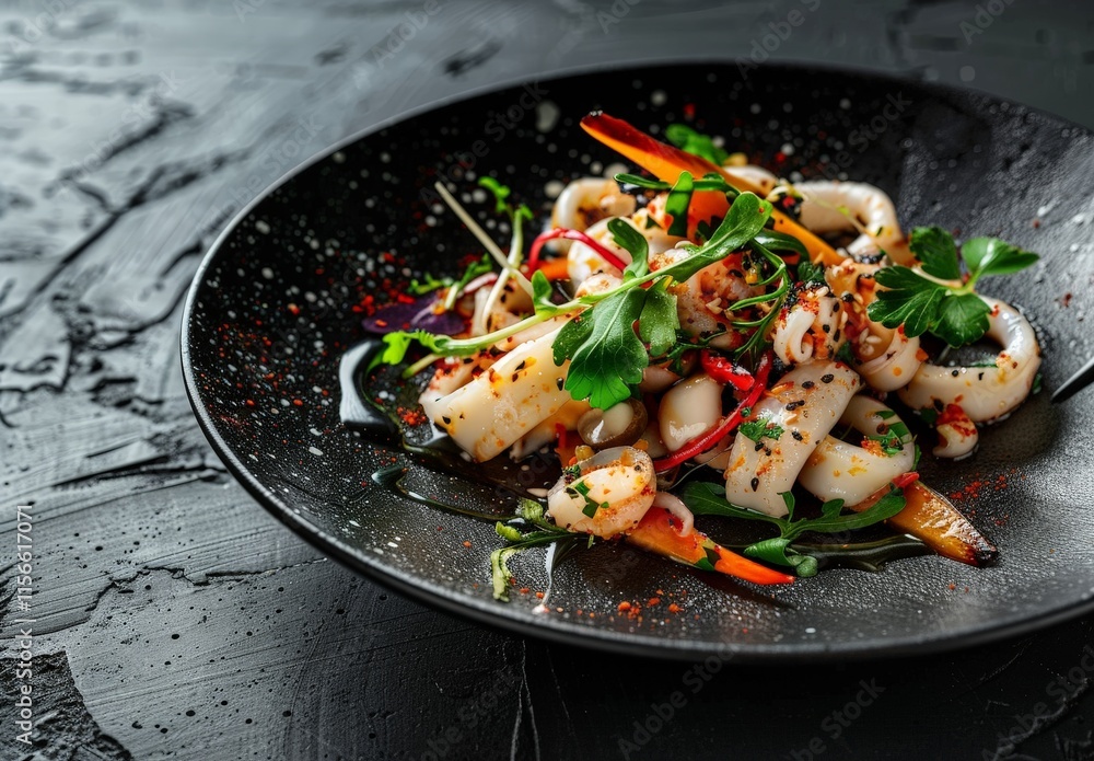 Squid Salad with Sesame Seeds and Herbs on Black Plate Squid Salad with Sesame Seeds and Herbs on Black Plate
