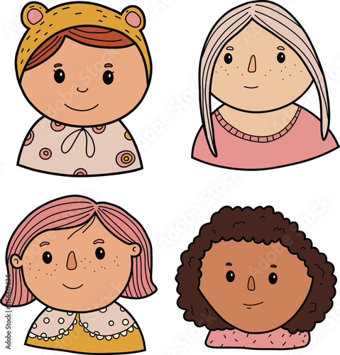 Set of icons of girls, teenagers. Female face various types signs thin line Icon set Include of avatar user, portrait or person head. Vector illustration of icons