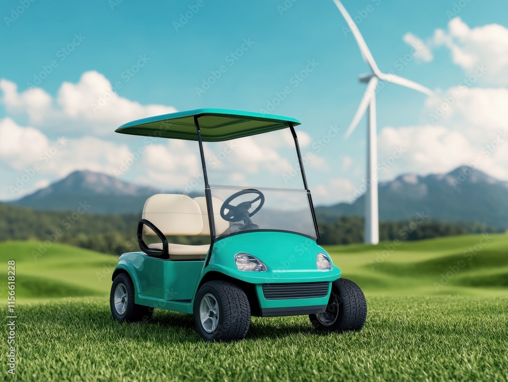 Stylish Golf Cart Parked on Lush Green Grass with Wind Turbine Stylish Golf Cart Parked on Lush Green Grass with Wind Turbine