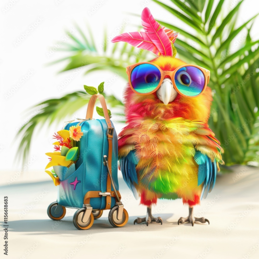 Naklejka premium Colorful parrot in sunglasses by the beach with a suitcase ready for vacation fun