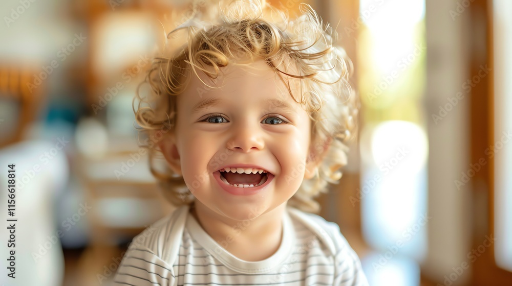 A young boy with curly blonde hair laughs at the camera. A young boy with curly blonde hair laughs at the camera.