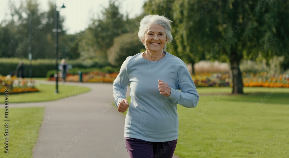 Elderly caucasian woman enjoys morning jog in scenic park setting Elderly caucasian woman enjoys morning jog in scenic park setting