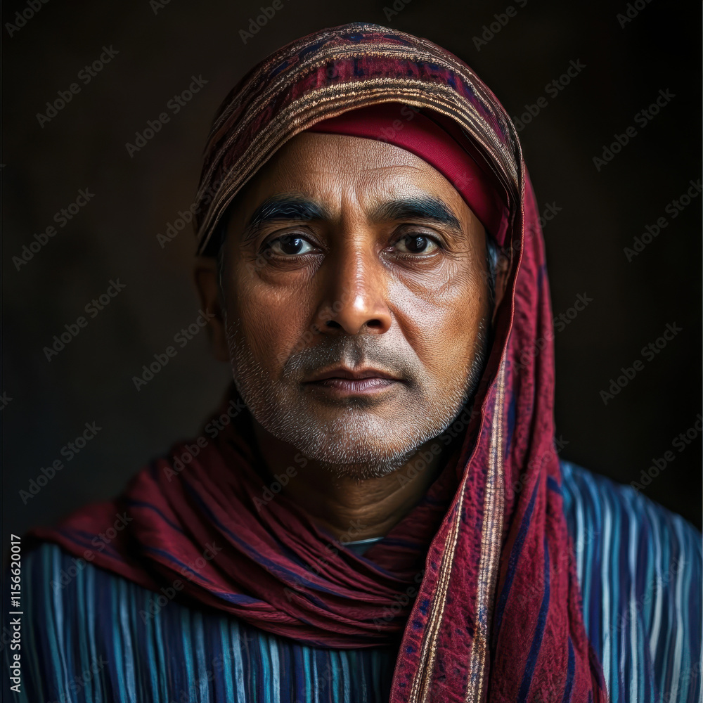 Portrait photo of a middle-aged man wearing a red headscarf Portrait photo of a middle-aged man wearing a red headscarf