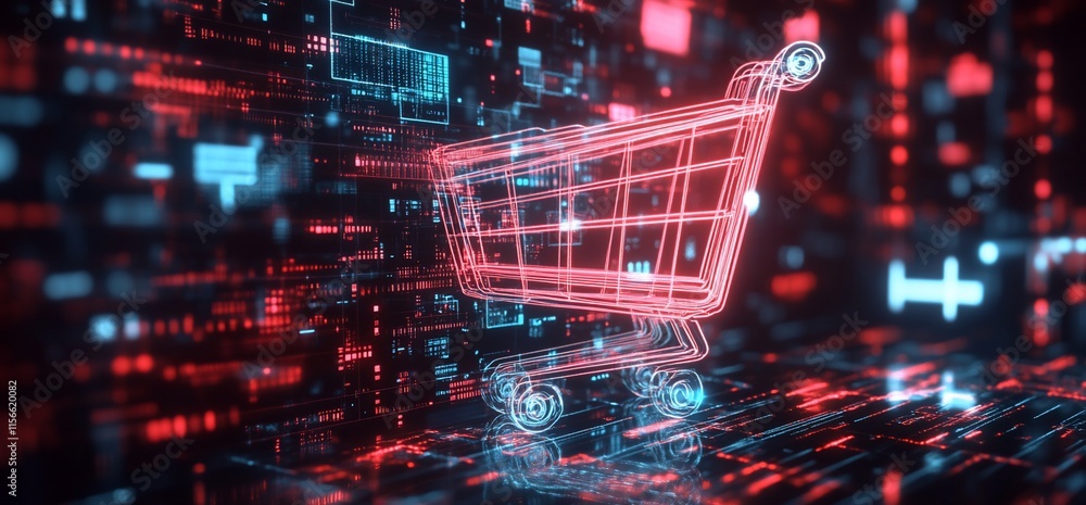 A digital shopping cart amidst a vibrant data environment. A digital shopping cart amidst a vibrant data environment.
