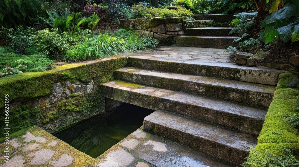 Stone steps descending to a mossy well in a lush garden. Stone steps descending to a mossy well in a lush garden.