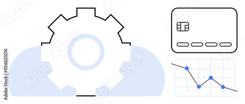 Gear in front of cloud represents cloud computing integration credit card symbolizes digital transactions line graph indicates data analysis. Ideal for fintech, banking, digital security, cloud