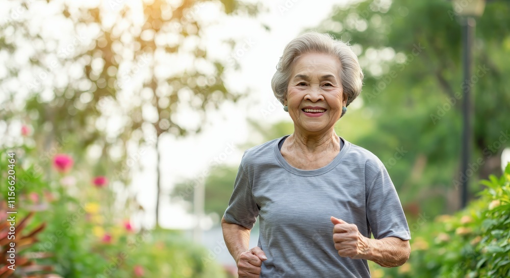 Energetic elderly asian woman enjoying morning jog in a lush park setting Energetic elderly asian woman enjoying morning jog in a lush park setting