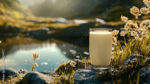 Glass of milk against the backdrop of nature. Copy space. photo