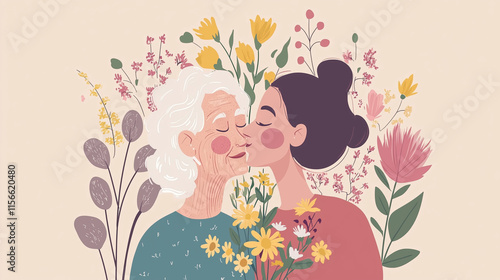 I love you so much my darling! Affectionate millennial daughter wishes happy elderly mom a happy mother's day, happy grandma gets a tender kiss. photo