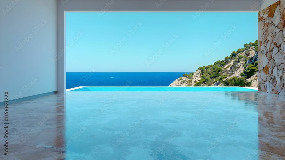 Serene Ocean View from a Modern Indoor Space with Pool Serene Ocean View from a Modern Indoor Space with Pool