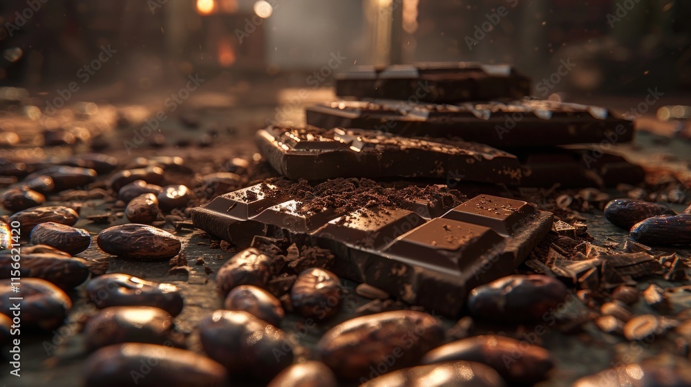 Close-up of dark chocolate bars stacked on cocoa beans, showcasing rich texture and color. Close-up of dark chocolate bars stacked on cocoa beans, showcasing rich texture and color.