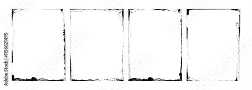 Photo border stroke set - minimalist black rectangular edges with scratched grungy perimeter and distressed worn texture. Realistic clean monochrome frames for vintage prints and scrapbook design.