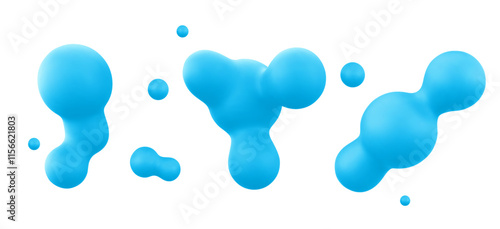 3D blob shapes collection in bright blue color - flowing liquid forms with smooth organic curves and spherical droplets. Modern abstract fluid elements of metaballs. Floating paint or decorative lava.