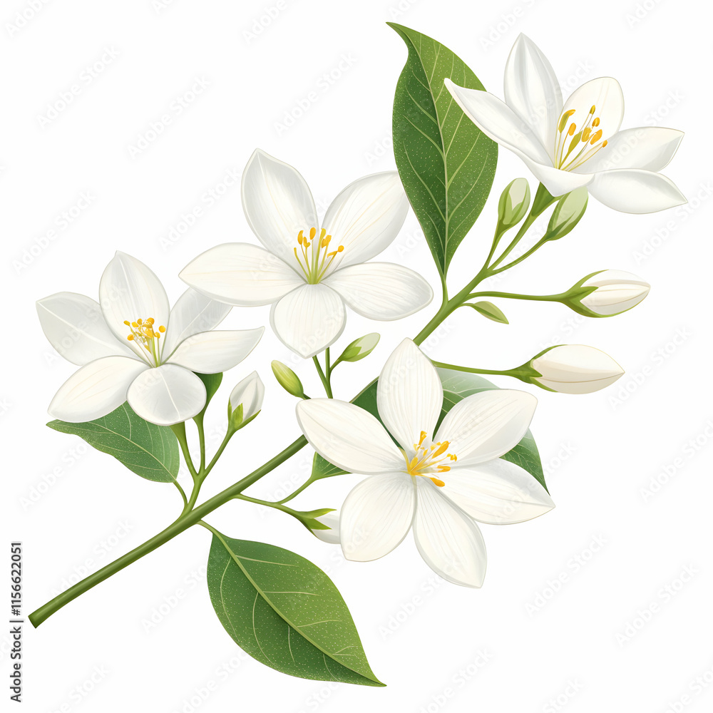 Fototapeta premium White jasmine flower branch watercolor illustration showcasing elegance and tranquility