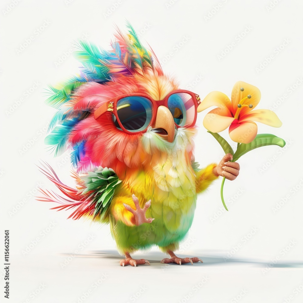 Naklejka premium Cute funny parrot with colorful hair holding a flower in a vibrant pose