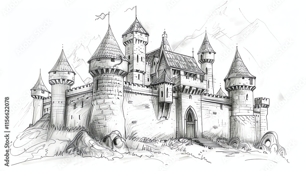 A pencil drawing of a fairytale castle with multiple towers. A pencil drawing of a fairytale castle with multiple towers.