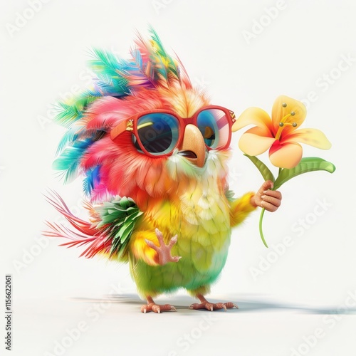 Cute funny parrot with colorful hair holding a flower in a vibrant pose