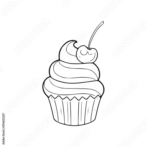 a line art drawing of a cupcake with cherry illustration
