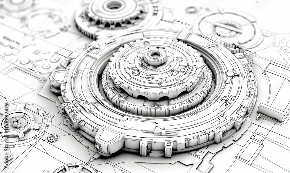 Intricate Mechanism Design in Black and White Line Art Style Intricate Mechanism Design in Black and White Line Art Style